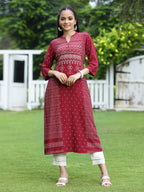 Juniper Womens Maroon Rayon Slub Placement Printed A Line Kurta - Distacart