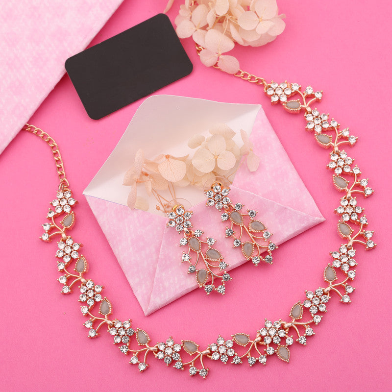Tehzeeb Creations Rose Gold Pleated White Diamond With Gray Beads Necklace Set