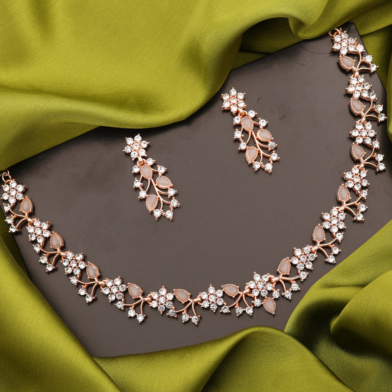 Tehzeeb Creations Rose Gold Pleated White Diamond With Gray Beads Necklace Set