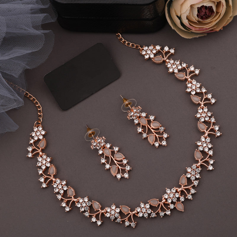 Tehzeeb Creations Rose Gold Pleated White Diamond With Gray Beads Necklace Set