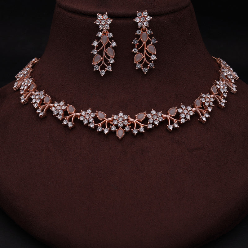 Tehzeeb Creations Rose Gold Pleated White Diamond With Gray Beads Necklace Set