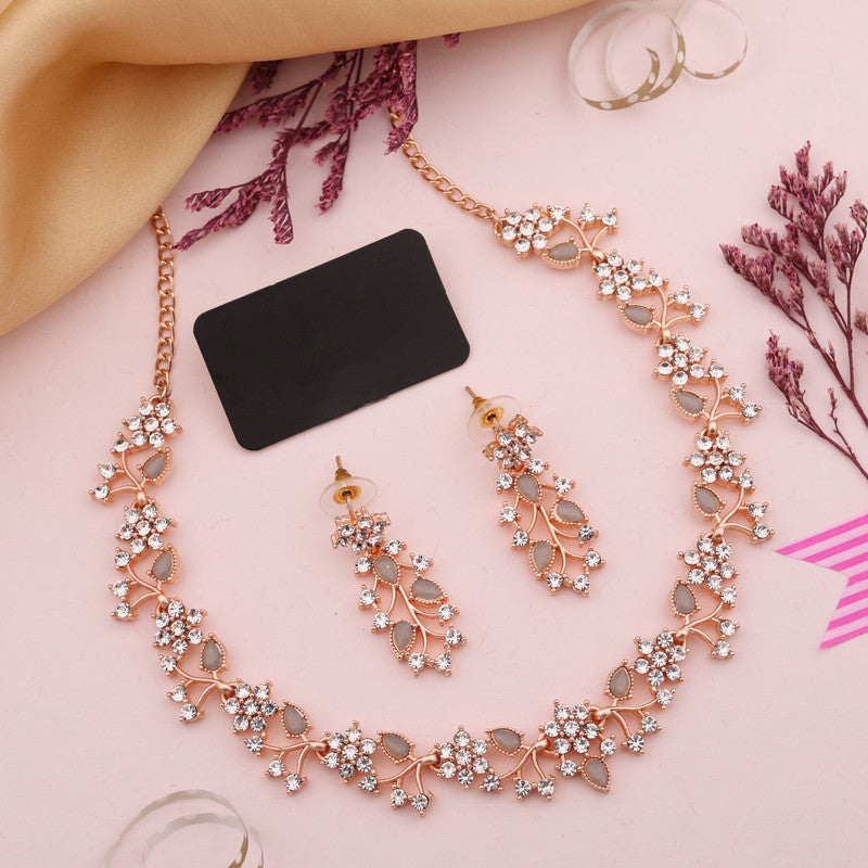 Tehzeeb Creations Rose Gold Pleated White Diamond With Gray Beads Necklace Set