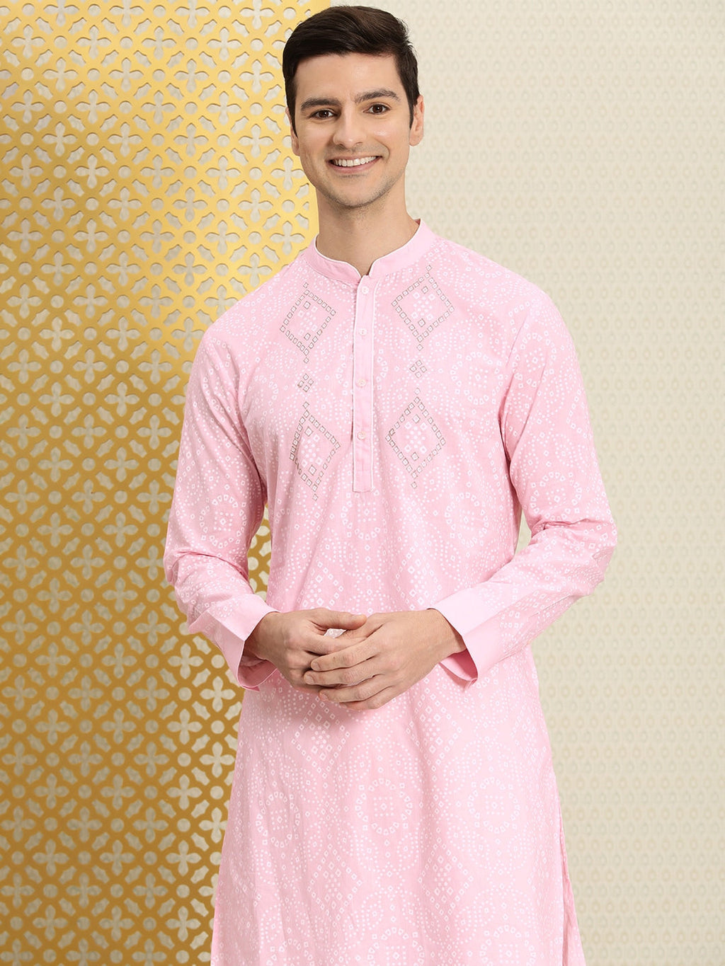House of Pataudi Men Pink & White Bandhani Printed Pure Cotton Jashn Kurta