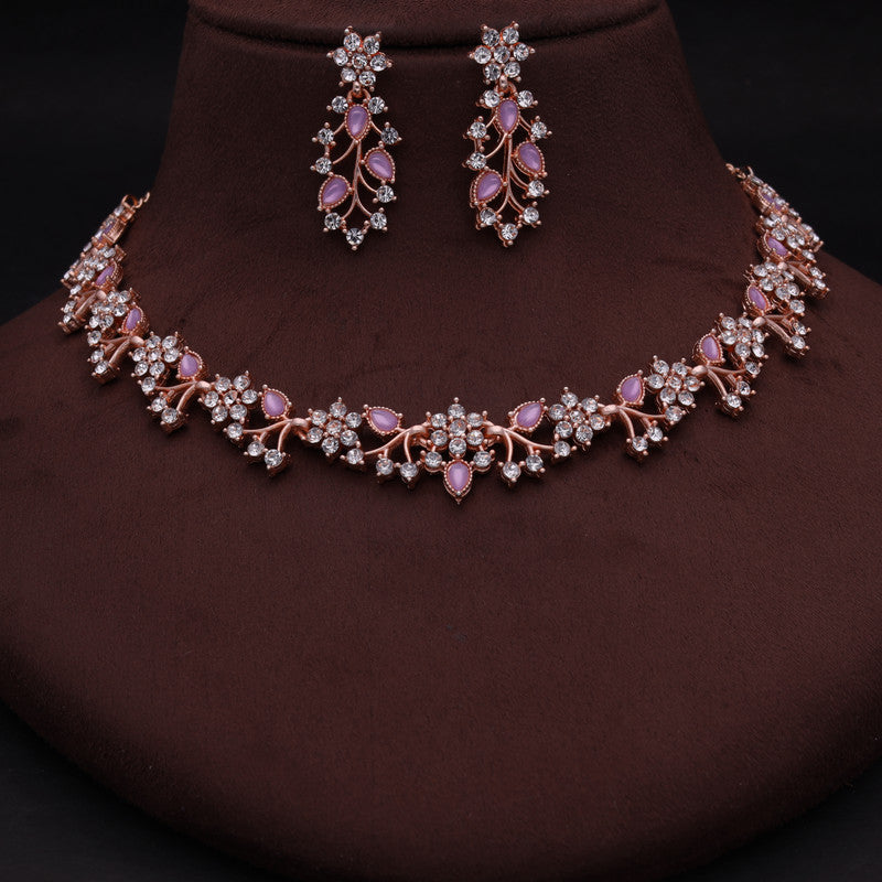 Tehzeeb Creations Rose Gold Pleated White Diamond With Lavender Beads Necklace Set