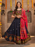Myra Navy Blue Viscose Rayon and Cotton Embroidered with Print Designer Lehenga