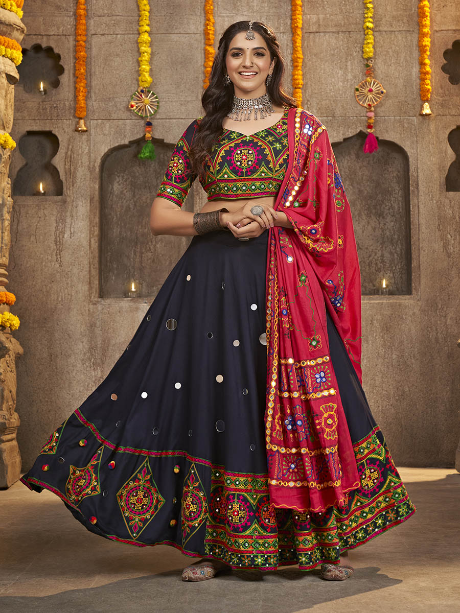 Myra Navy Blue Viscose Rayon and Cotton Embroidered with Print Designer Lehenga