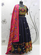 Myra Navy Blue Viscose Rayon and Cotton Embroidered with Print Designer Lehenga
