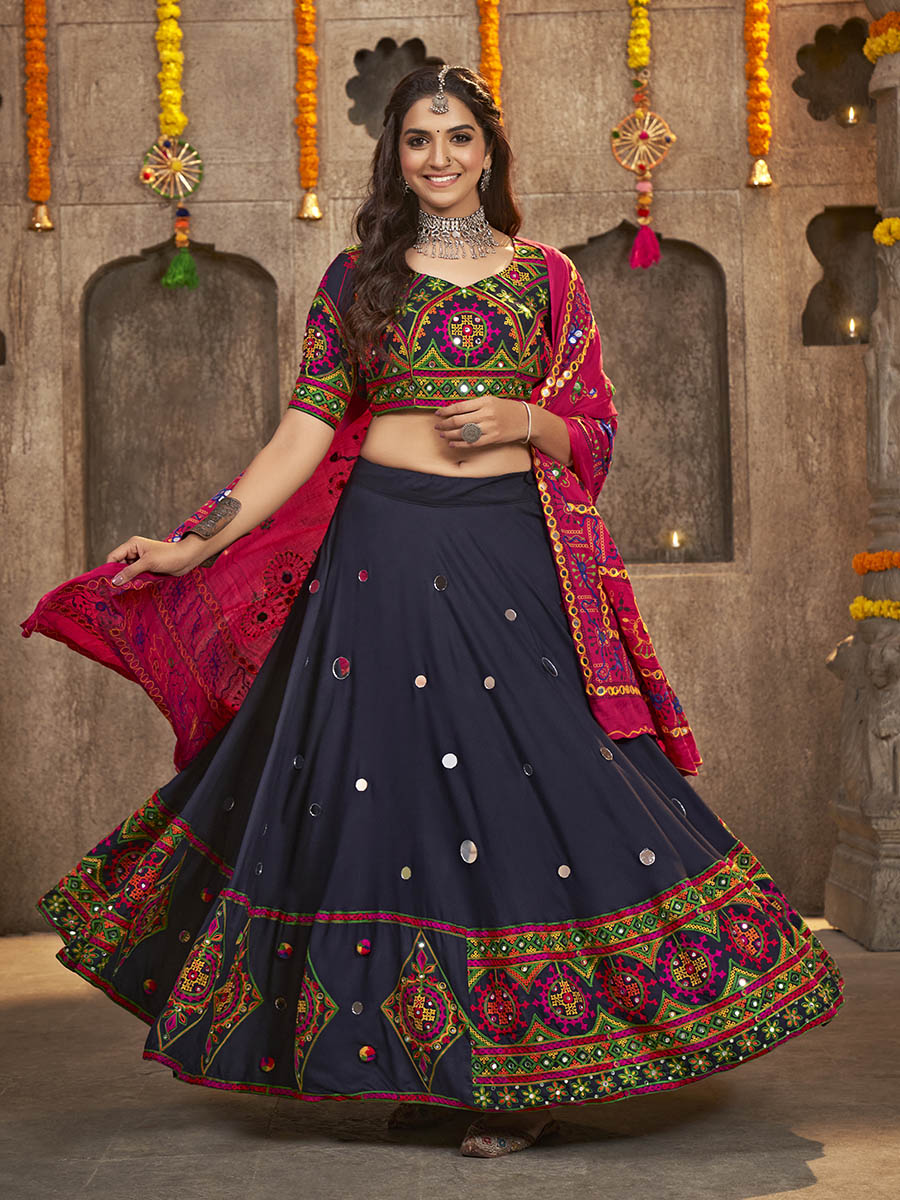 Myra Navy Blue Viscose Rayon and Cotton Embroidered with Print Designer Lehenga