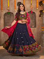 Myra Navy Blue Viscose Rayon and Cotton Embroidered with Print Designer Lehenga