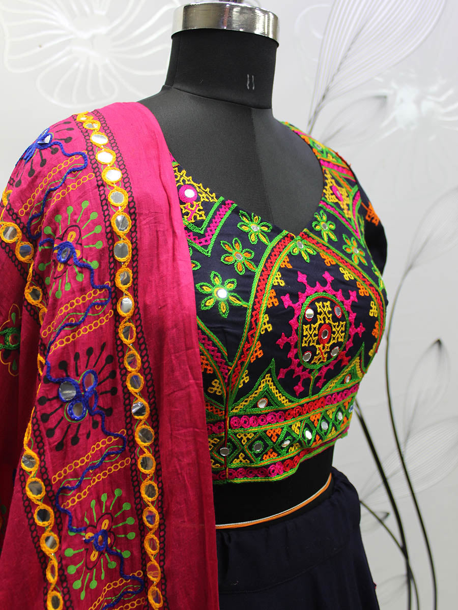 Myra Navy Blue Viscose Rayon and Cotton Embroidered with Print Designer Lehenga