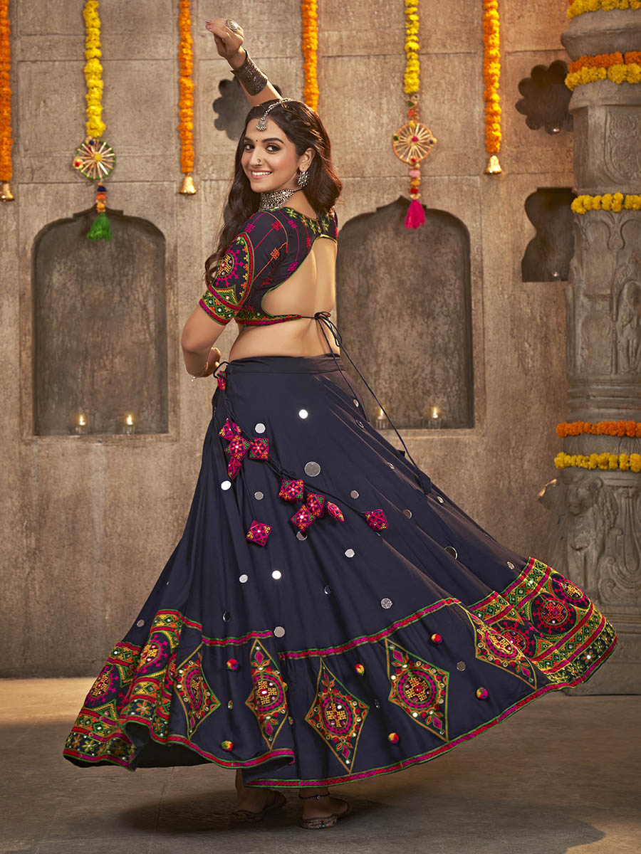 Myra Navy Blue Viscose Rayon and Cotton Embroidered with Print Designer Lehenga