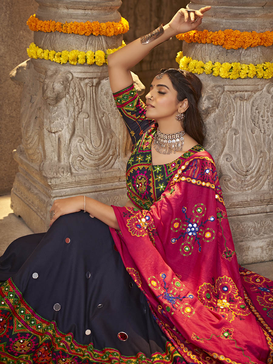 Myra Navy Blue Viscose Rayon and Cotton Embroidered with Print Designer Lehenga