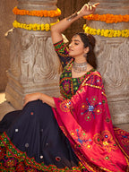 Myra Navy Blue Viscose Rayon and Cotton Embroidered with Print Designer Lehenga