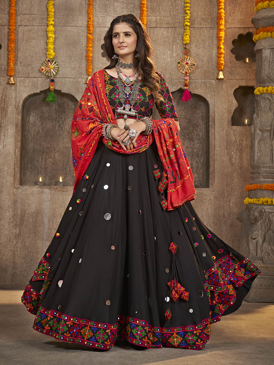 Myra Black Viscose Rayon and Cotton Embroidered with Print Designer Lehenga