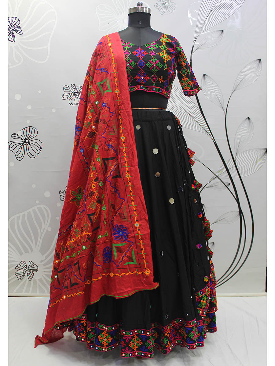 Myra Black Viscose Rayon and Cotton Embroidered with Print Designer Lehenga
