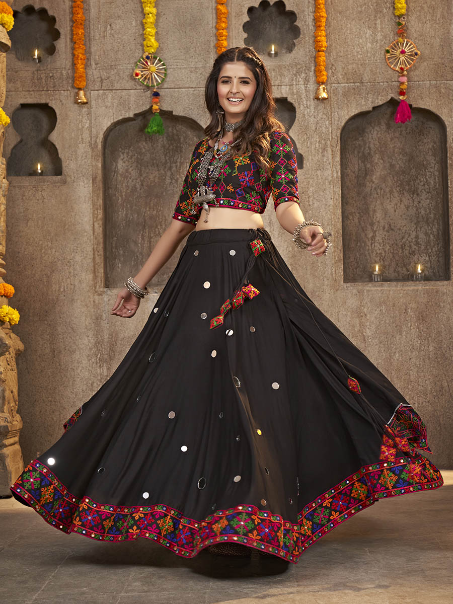 Myra Black Viscose Rayon and Cotton Embroidered with Print Designer Lehenga
