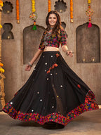 Myra Black Viscose Rayon and Cotton Embroidered with Print Designer Lehenga