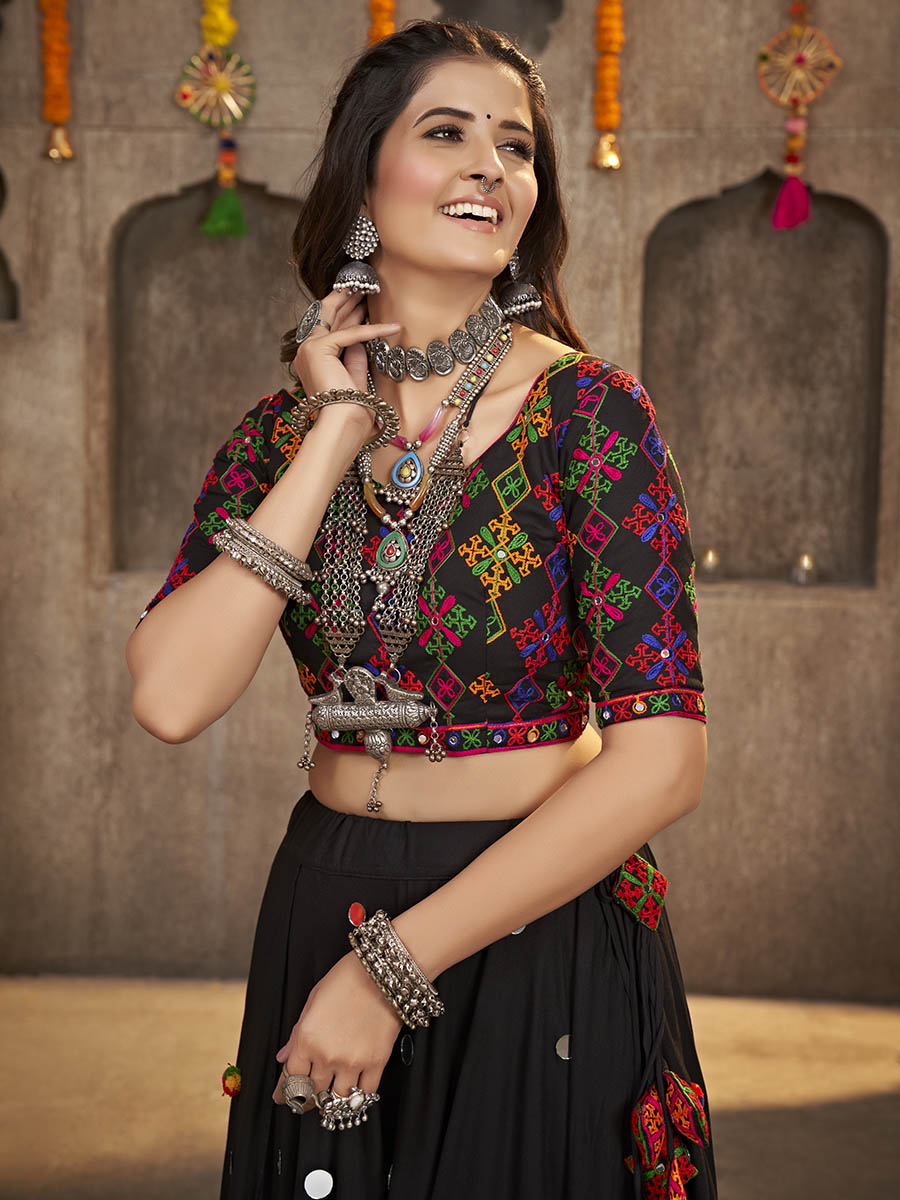 Myra Black Viscose Rayon and Cotton Embroidered with Print Designer Lehenga