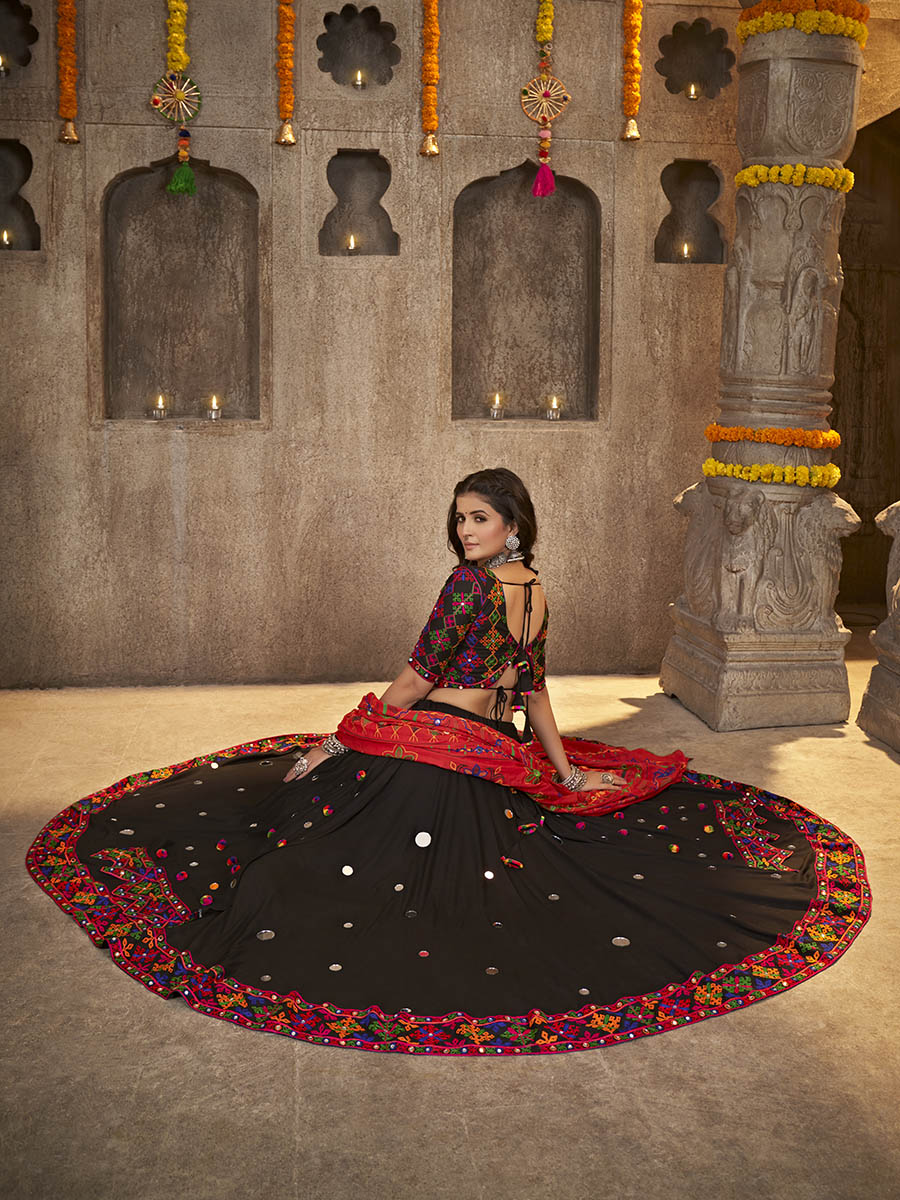 Myra Black Viscose Rayon and Cotton Embroidered with Print Designer Lehenga