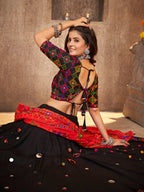 Myra Black Viscose Rayon and Cotton Embroidered with Print Designer Lehenga