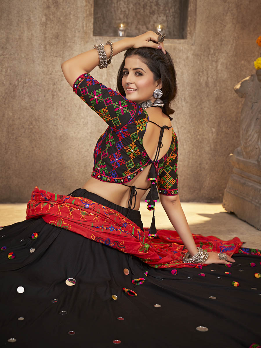 Myra Black Viscose Rayon and Cotton Embroidered with Print Designer Lehenga