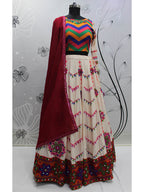 Myra Pearl White Viscose Rayon and Cotton Embroidered with Print Designer Lehenga
