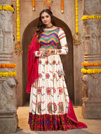 Myra Pearl White Viscose Rayon and Cotton Embroidered with Print Designer Lehenga
