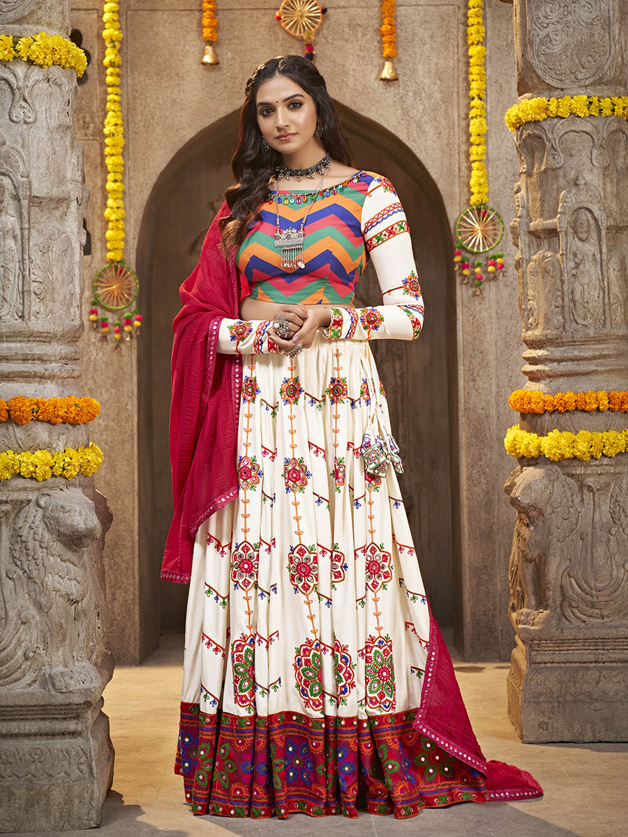 Myra Pearl White Viscose Rayon and Cotton Embroidered with Print Designer Lehenga