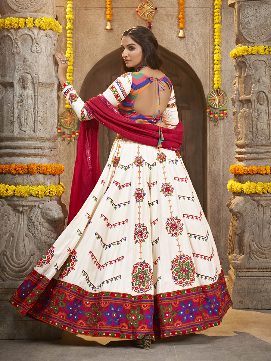 Myra Pearl White Viscose Rayon and Cotton Embroidered with Print Designer Lehenga