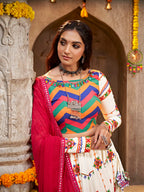 Myra Pearl White Viscose Rayon and Cotton Embroidered with Print Designer Lehenga