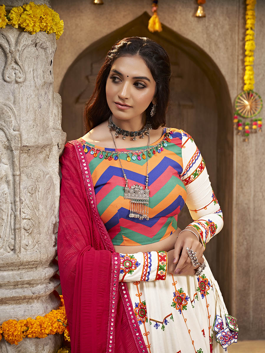 Myra Pearl White Viscose Rayon and Cotton Embroidered with Print Designer Lehenga