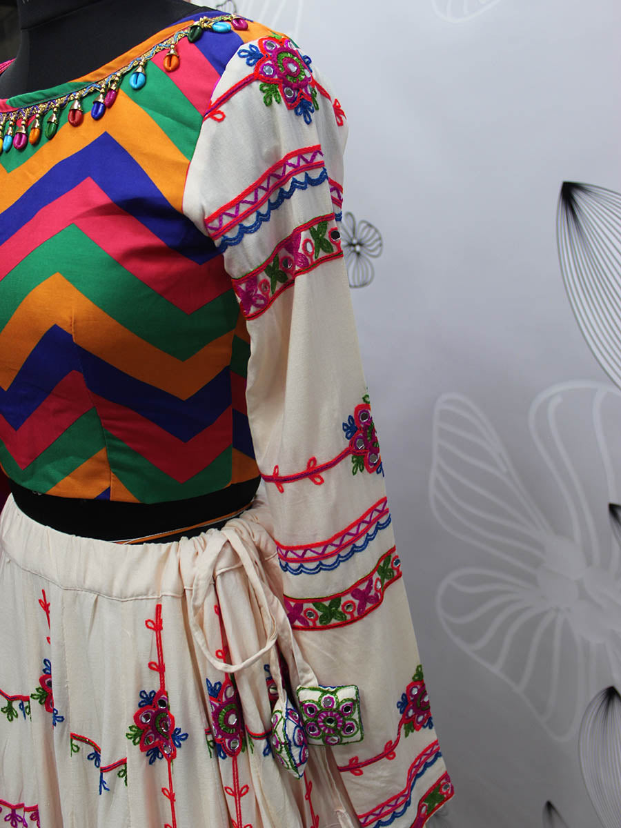Myra Pearl White Viscose Rayon and Cotton Embroidered with Print Designer Lehenga