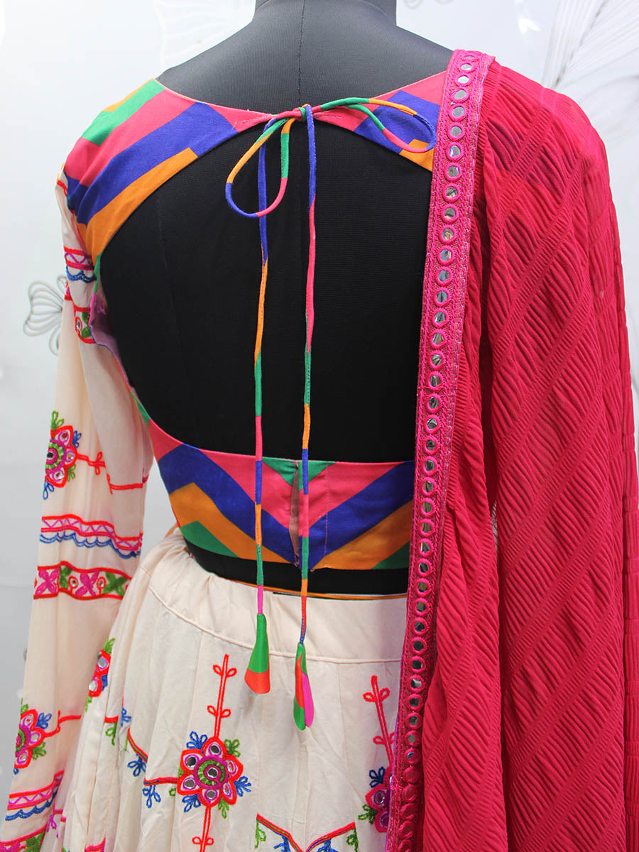 Myra Pearl White Viscose Rayon and Cotton Embroidered with Print Designer Lehenga