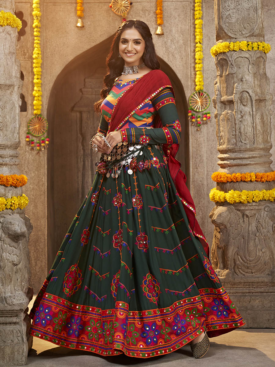 Myra Green Viscose Rayon and Cotton Embroidered with Print Designer Lehenga