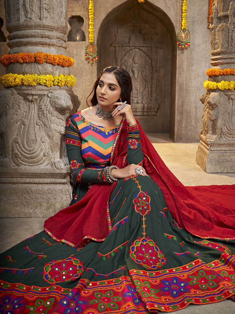 Myra Green Viscose Rayon and Cotton Embroidered with Print Designer Lehenga