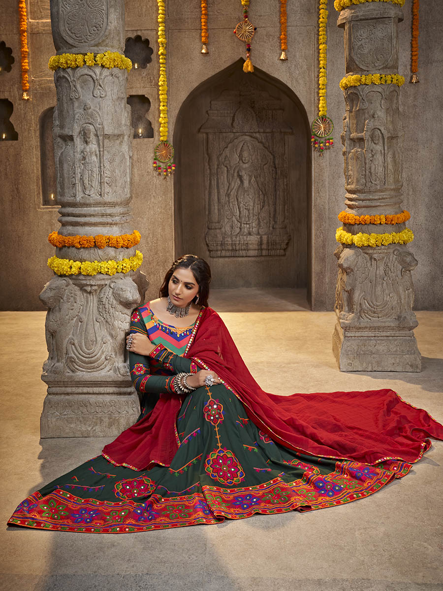 Myra Green Viscose Rayon and Cotton Embroidered with Print Designer Lehenga