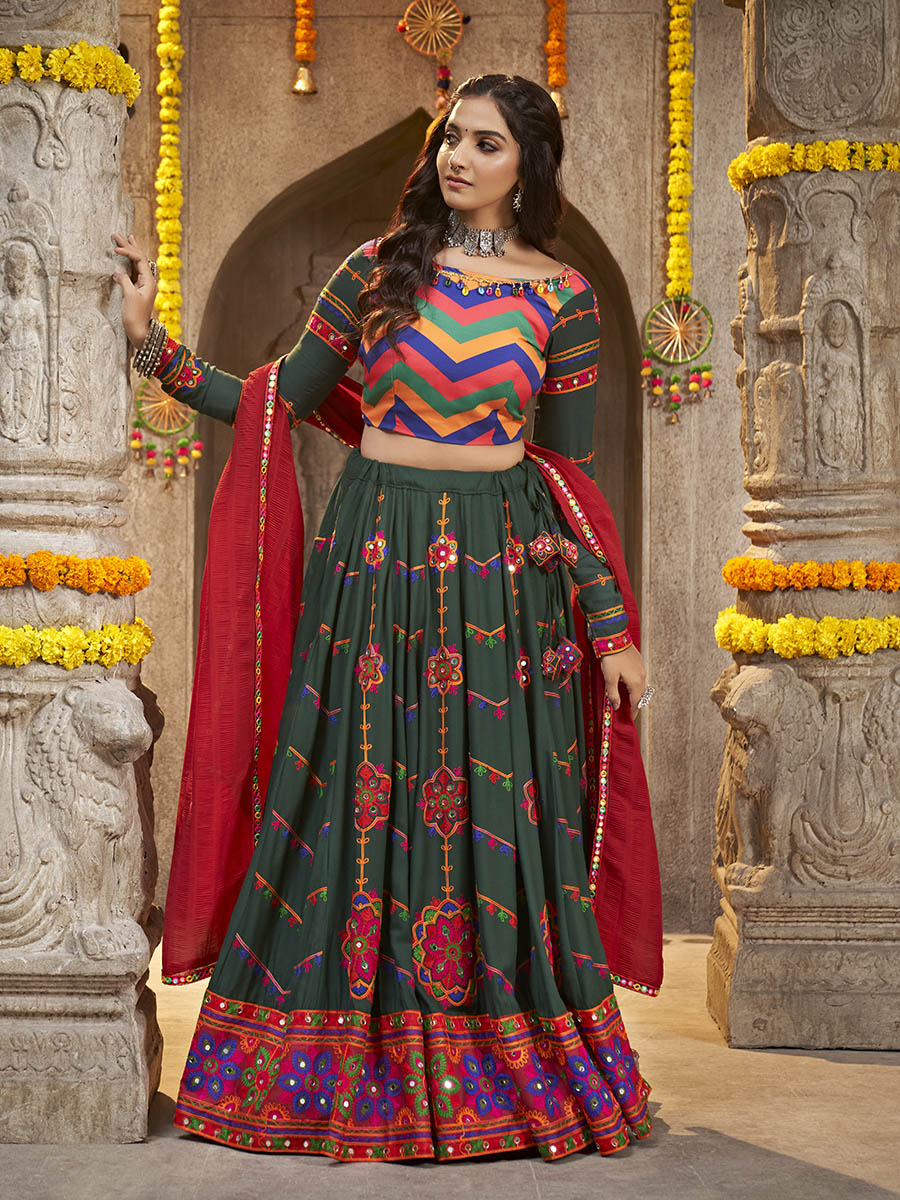 Myra Green Viscose Rayon and Cotton Embroidered with Print Designer Lehenga