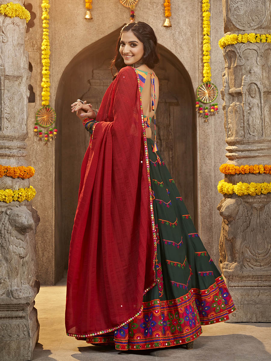 Myra Green Viscose Rayon and Cotton Embroidered with Print Designer Lehenga