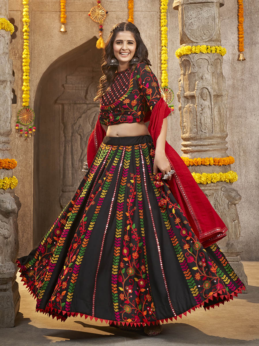 Myra Black Viscose Rayon and Cotton Embroidered with Print Designer Lehenga