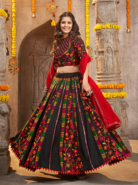Myra Black Viscose Rayon and Cotton Embroidered with Print Designer Lehenga