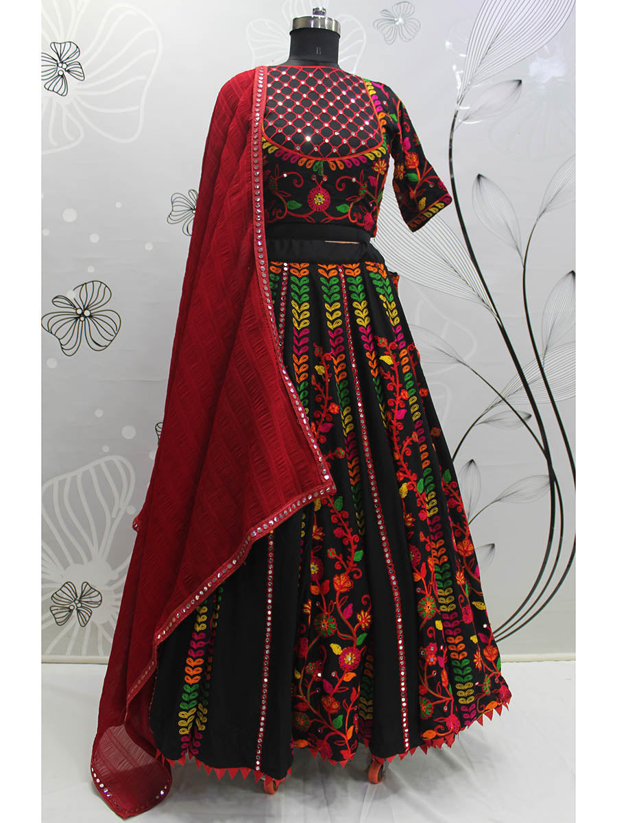 Myra Black Viscose Rayon and Cotton Embroidered with Print Designer Lehenga