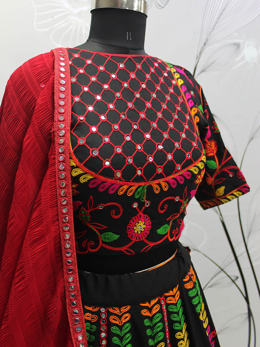 Myra Black Viscose Rayon and Cotton Embroidered with Print Designer Lehenga