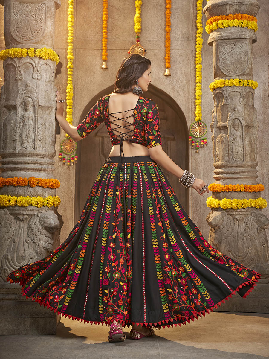 Myra Black Viscose Rayon and Cotton Embroidered with Print Designer Lehenga