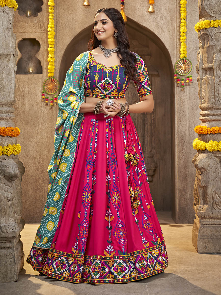 Myra Deep Pink Viscose Rayon and Cotton Embroidered with Print Designer Lehenga