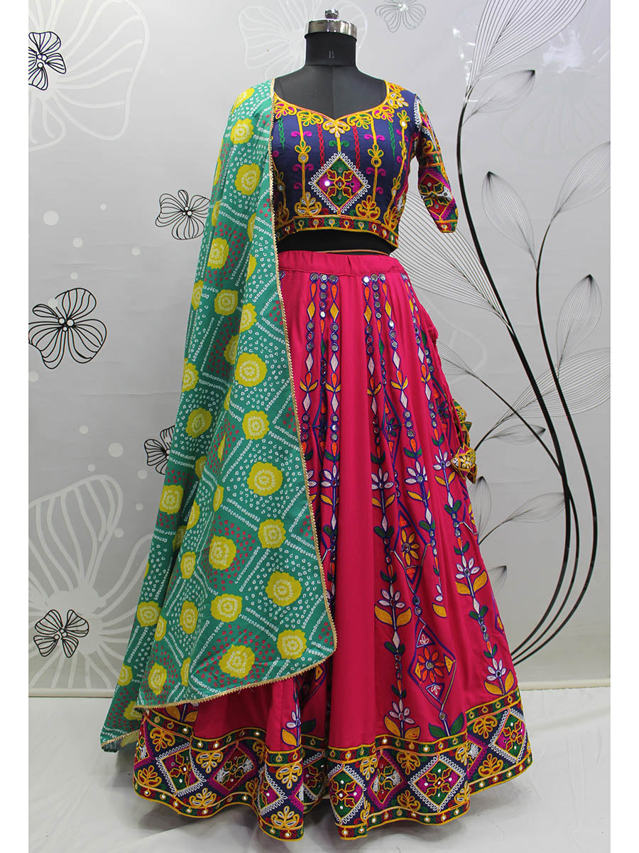 Myra Deep Pink Viscose Rayon and Cotton Embroidered with Print Designer Lehenga