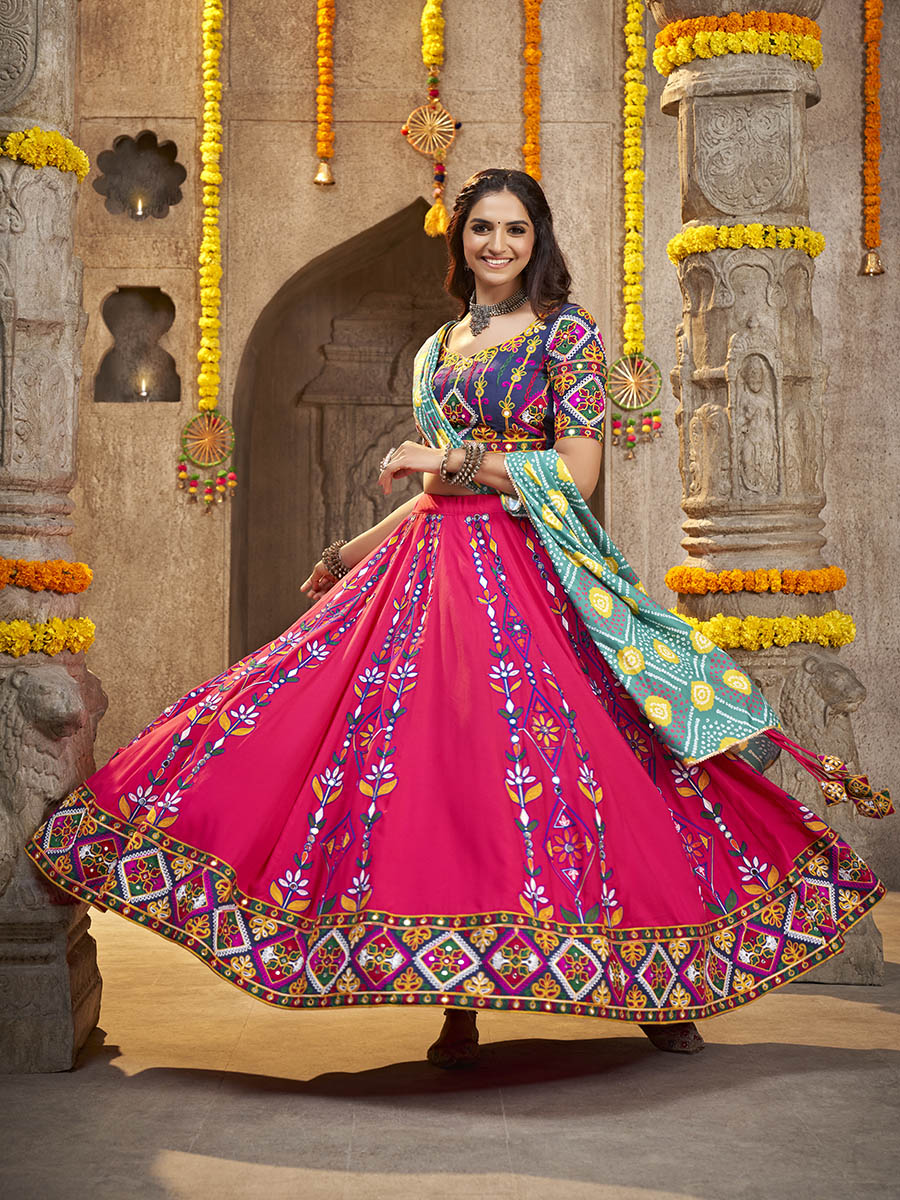 Myra Deep Pink Viscose Rayon and Cotton Embroidered with Print Designer Lehenga