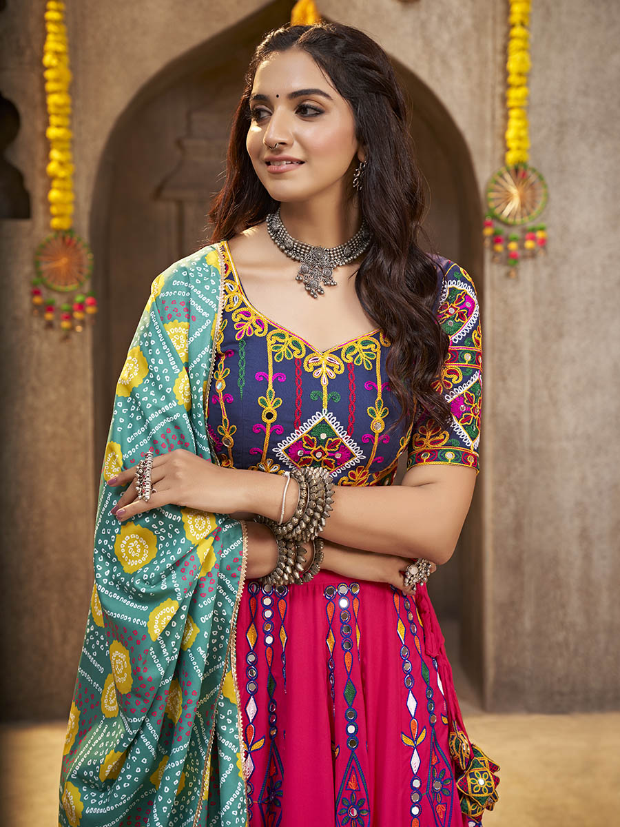 Myra Deep Pink Viscose Rayon and Cotton Embroidered with Print Designer Lehenga