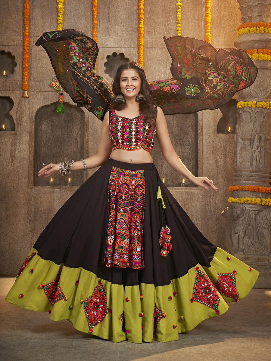 Myra Black Viscose Rayon and Cotton Embroidered with Print Designer Lehenga
