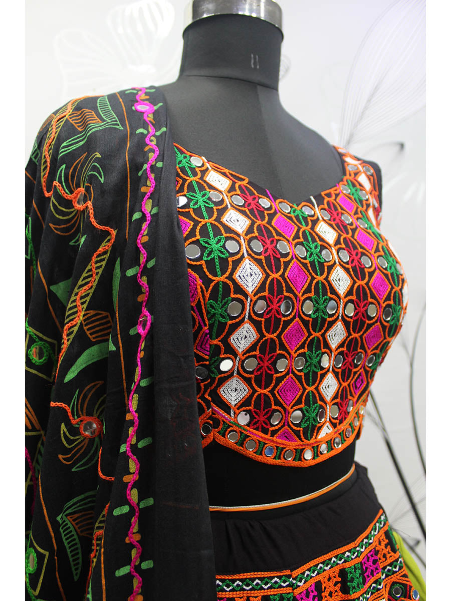 Myra Black Viscose Rayon and Cotton Embroidered with Print Designer Lehenga