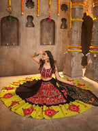 Myra Black Viscose Rayon and Cotton Embroidered with Print Designer Lehenga